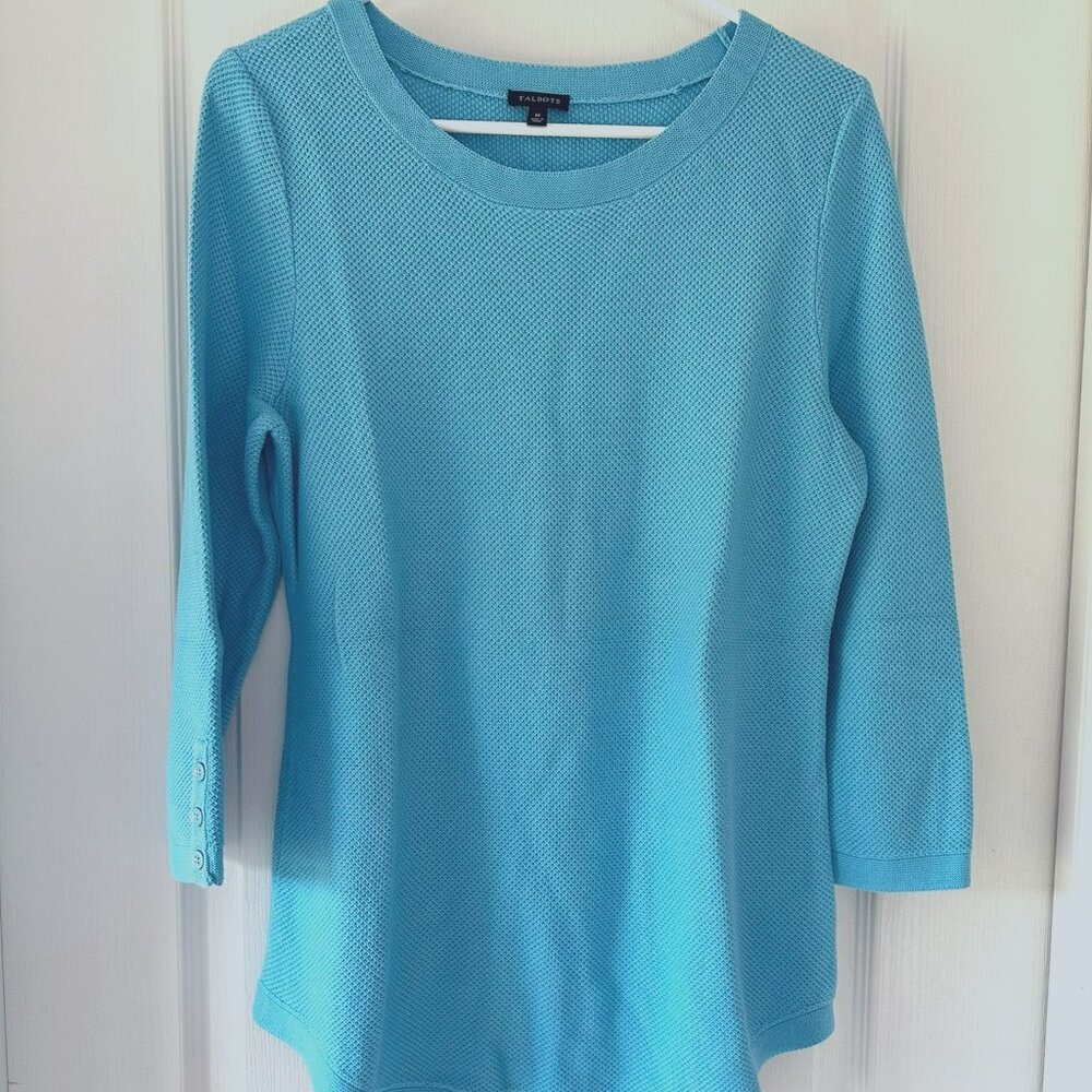 Talbots Women's Blue Pointelle Tunic Sweater 3/4 Length Sleeves Size Medium EUC